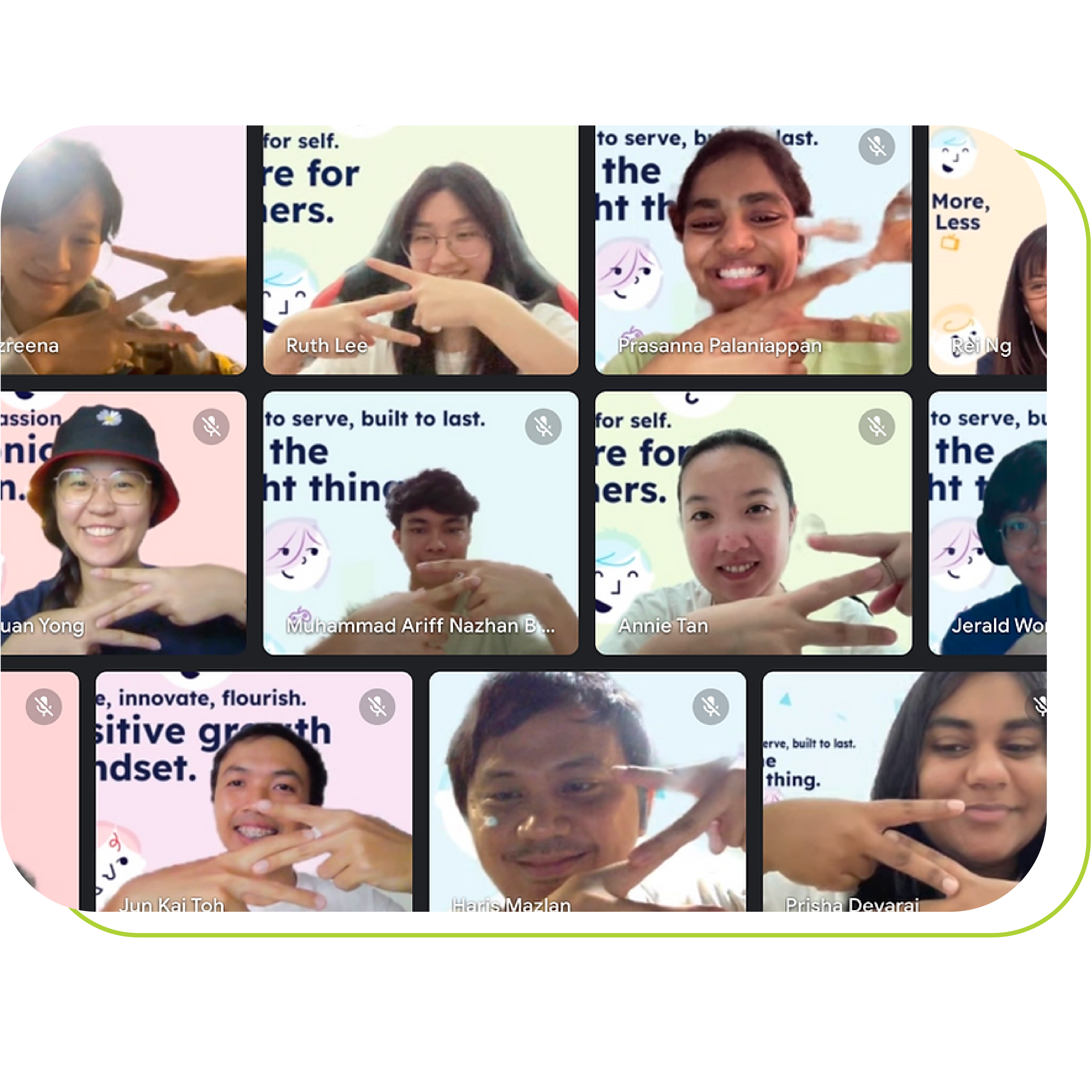 Zoala team is showing the "Z" logo using their hand in the virtual meeting